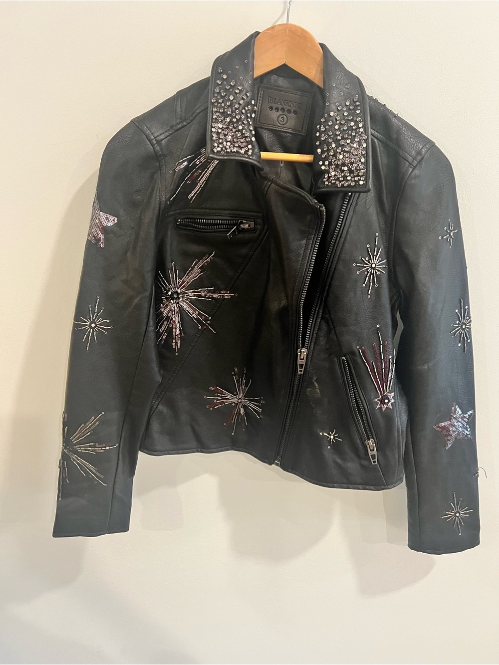 BlankNYC Studded Black Leather Biker Jacket with Starburst Embroidery- size S